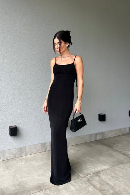 Vestido Longo em Poliamida Acetinado Preto