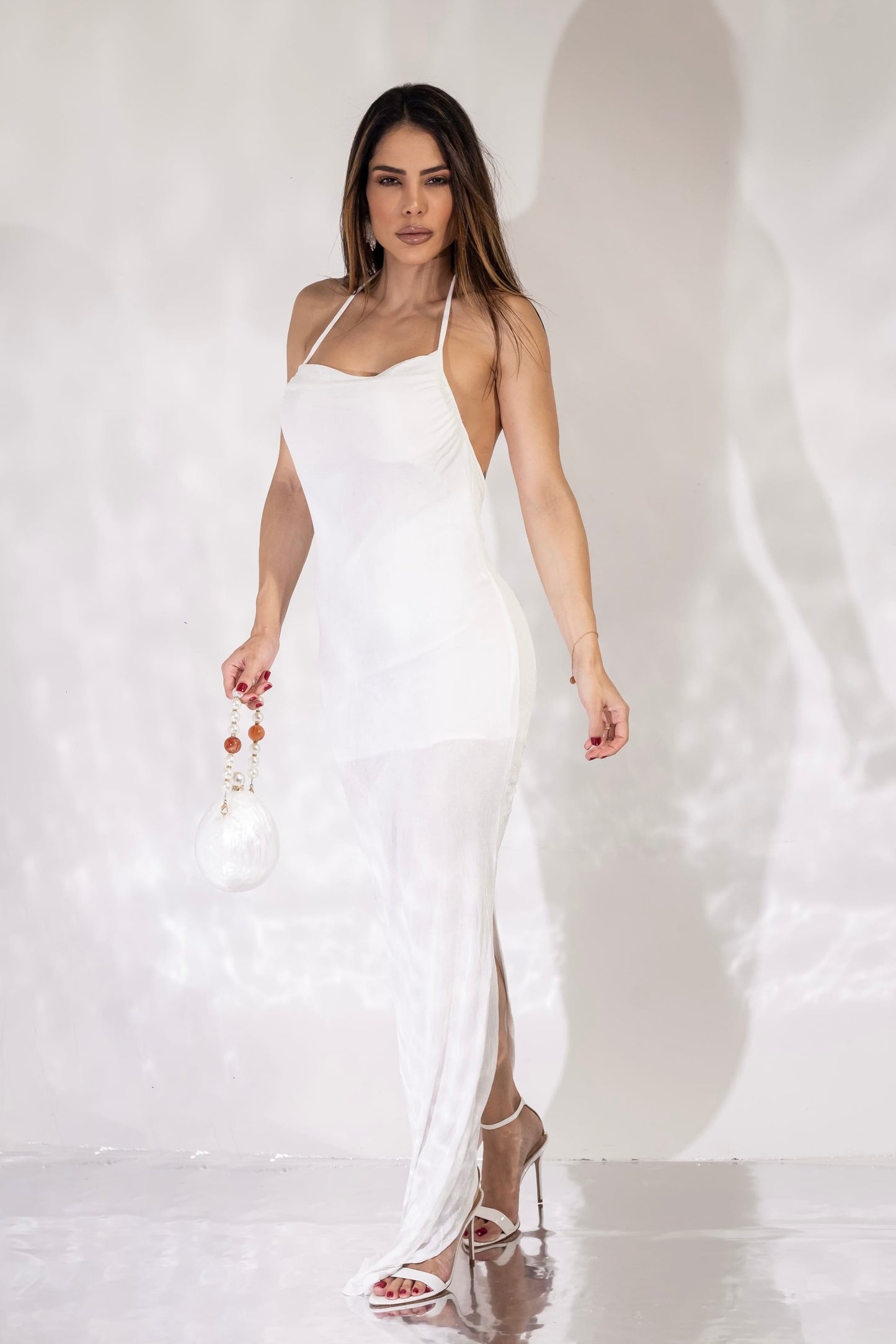 Vestido Longo em Poliamida Acetinado Branco