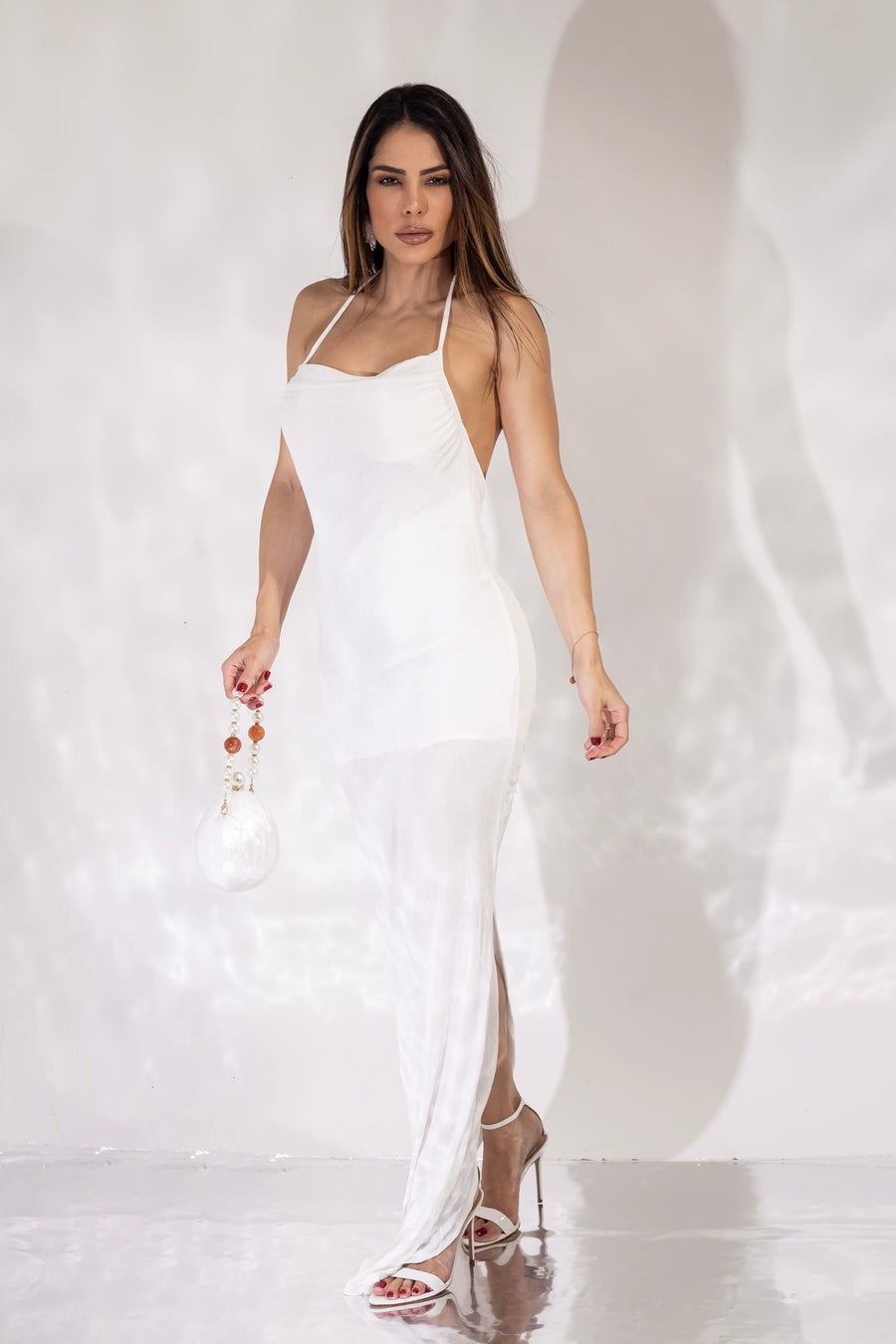 Vestido Longo em Poliamida Acetinado Branco