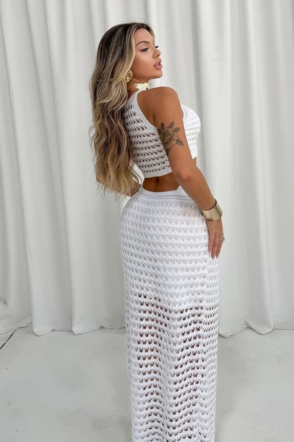 Vestido Tricot Longo com Fenda Branco