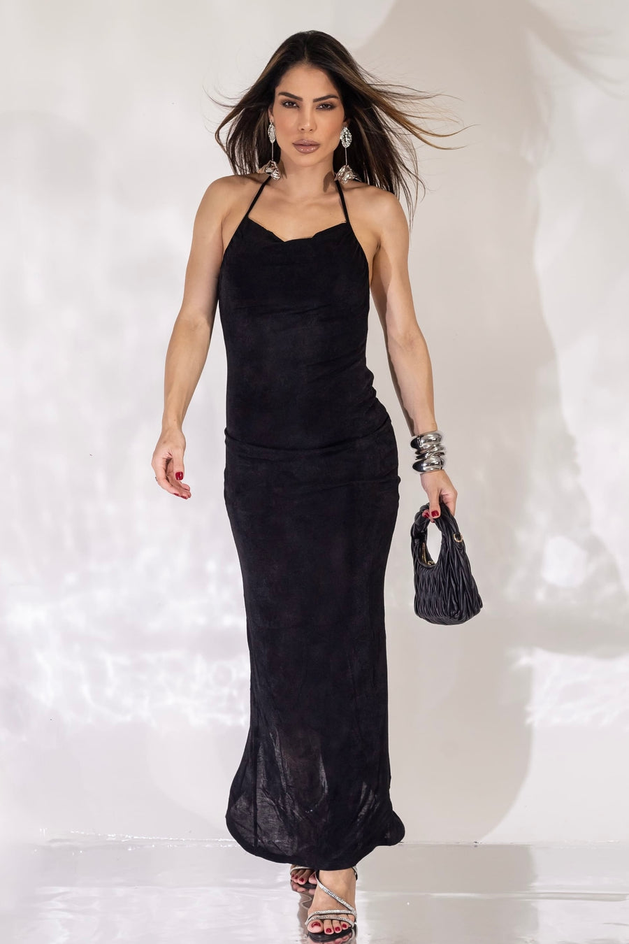 Vestido Longo em Poliamida Acetinado Preto