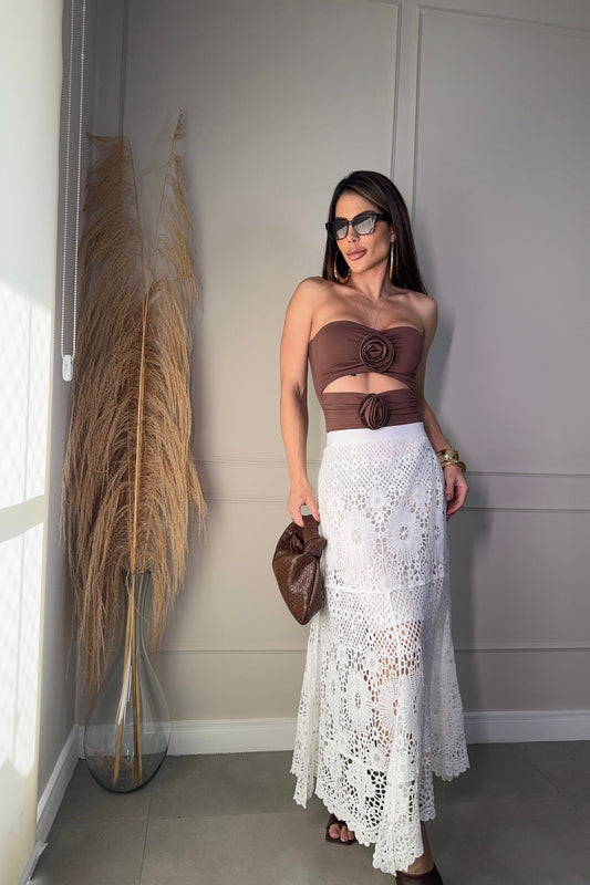 Saia Midi em Crochê Boho Chic Branco