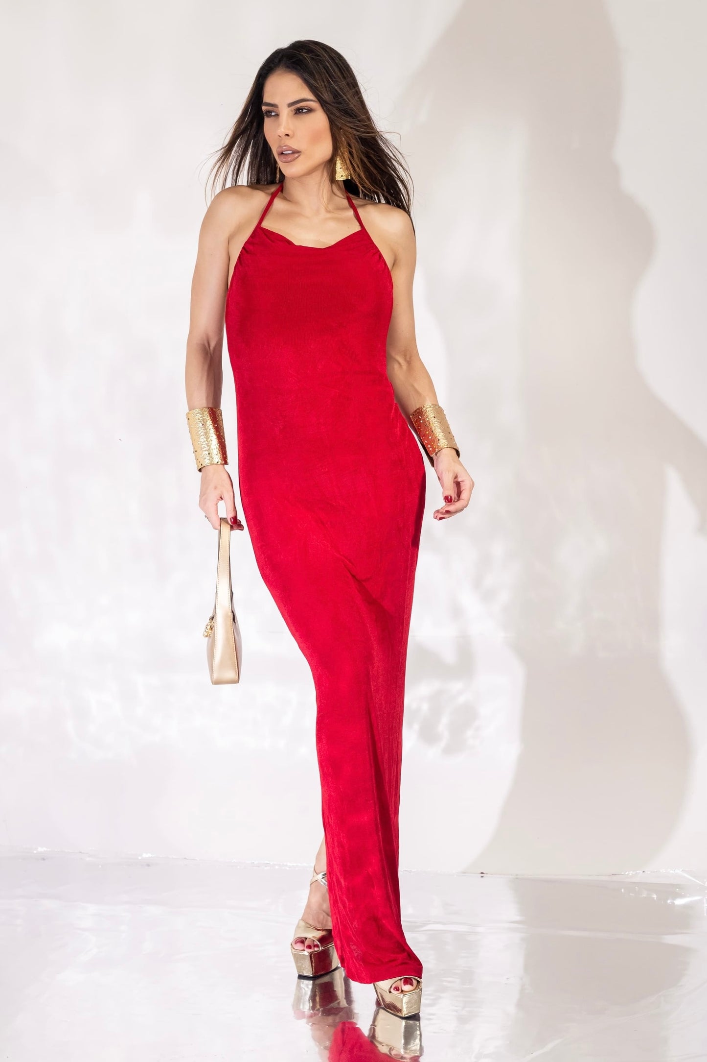 Vestido Longo em Poliamida Acetinado Vermelho