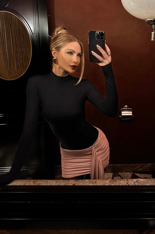 Blusa Cacharrel de poliamida manga longa preto