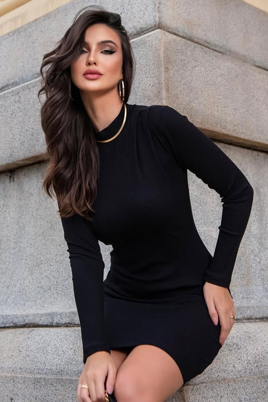 Vestido Gola Alta em Viscose de Poliamida  Preto