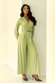 Conjunto Poliamida Cropped Nó Manga Longa e Calça Pantalona Verde