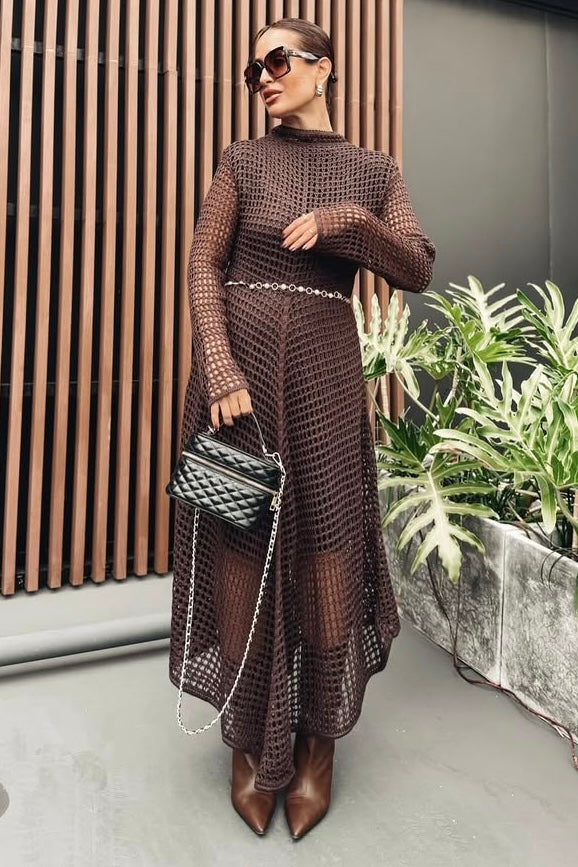 Vestido Longo Crochê Marrom