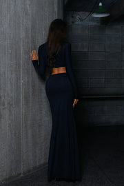 Conjunto Poliamida Cropped Manga Longa e Saia Longa Preto