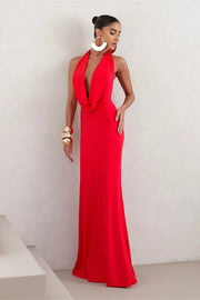Vestido Longo em Poliamida Gola Degagê Vermelho