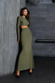 Conjunto Poliamida Cropped Manga Longa e Saia Longa Militar