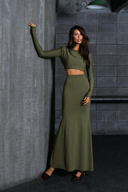 Conjunto Poliamida Cropped Manga Longa e Saia Longa Militar