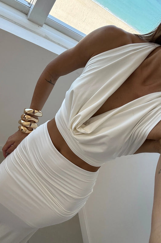 Conjunto Poliamida Cropped Degagê e Saia Longa Off