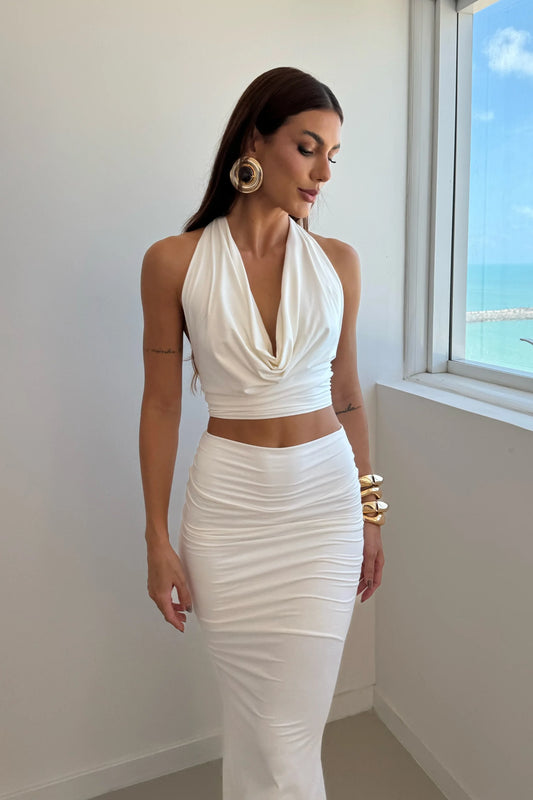 Conjunto Poliamida Cropped Degagê e Saia Longa Off