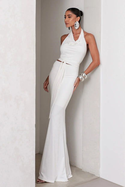 Conjunto Poliamida Cropped Degagê e Saia Longa Off