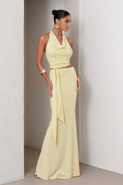 Conjunto Poliamida Cropped Degagê e Saia Longa Amarelo