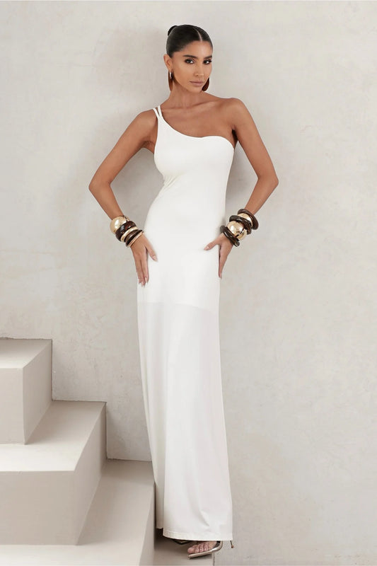 Vestido Longo em Poliamida Um Ombro Só Off