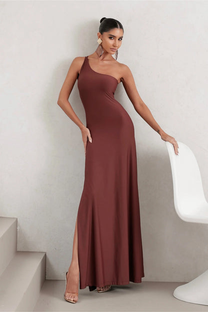 Vestido Longo em Poliamida Um Ombro Só Marrom