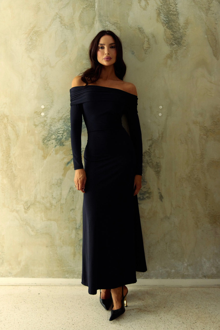 Vestido Poliamida Longo Ombro a Ombro Preto