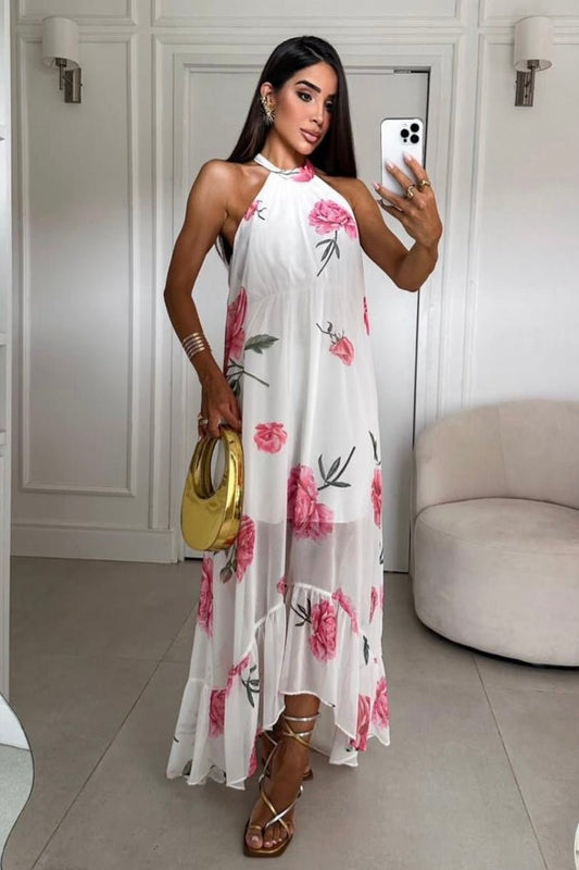 Vestido Longo em Crepe Voal Floral Branco