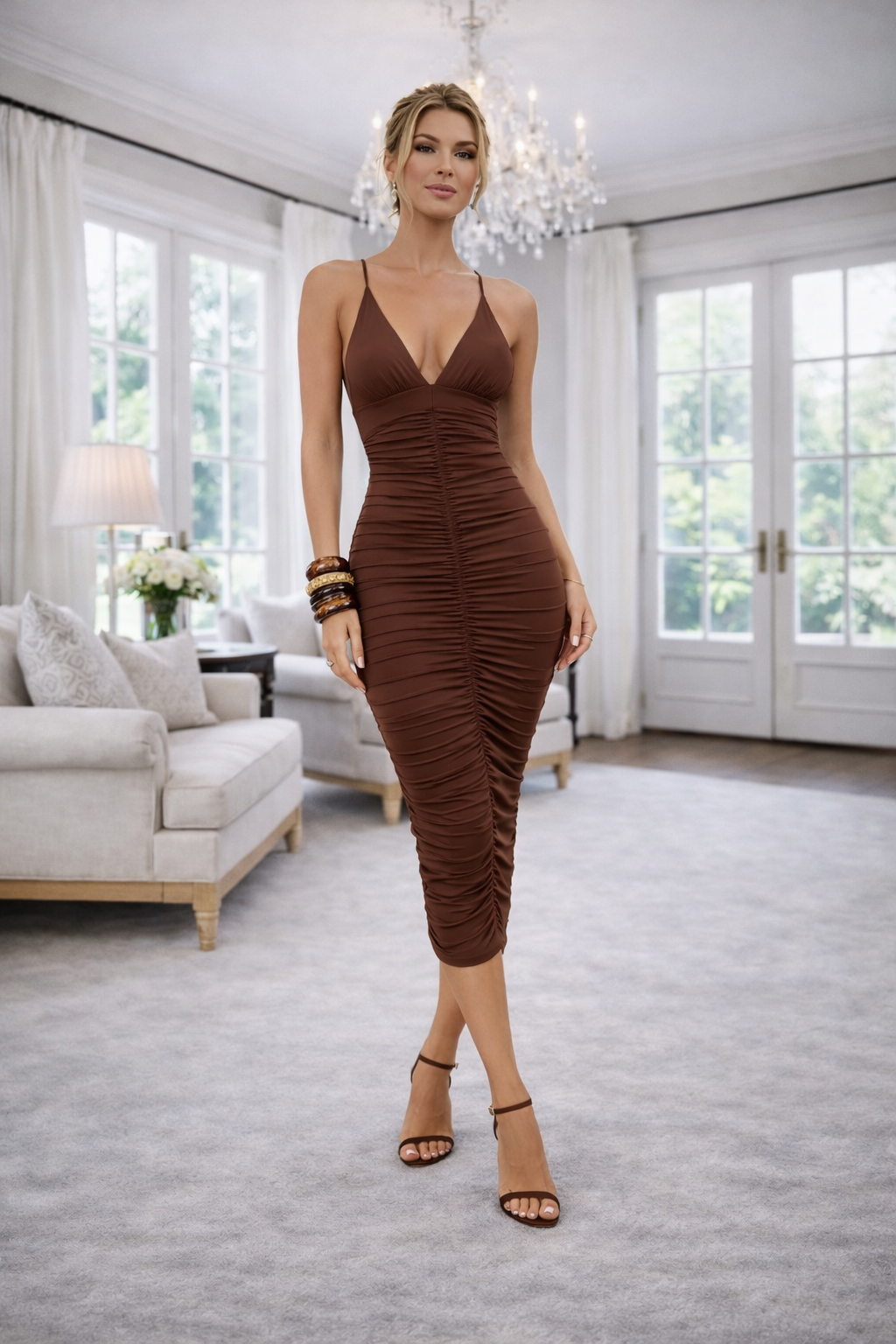 Vestido Poliamida Midi Drapeado Decote V Marrom