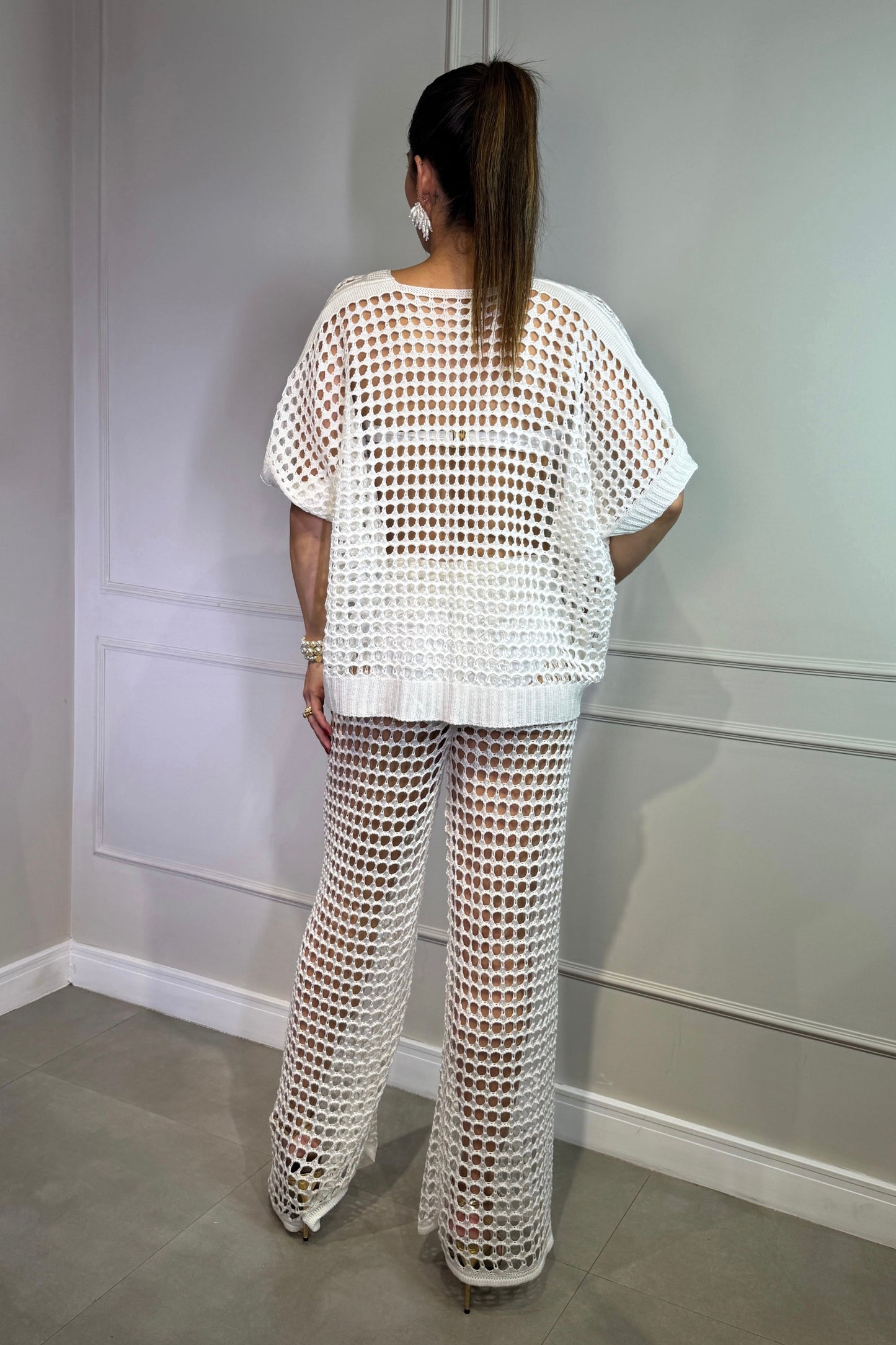 Conjunto Tricot Vazado: Calça e Kimono Branco