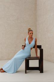 Vestido Longo em Poliamida com Recorte na Cintura Azul