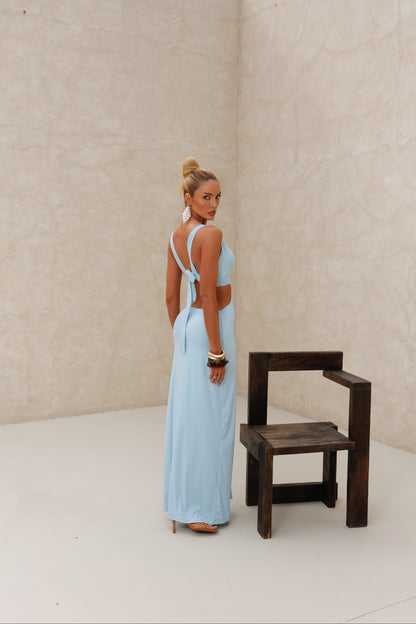 Vestido Longo em Poliamida com Recorte na Cintura Azul