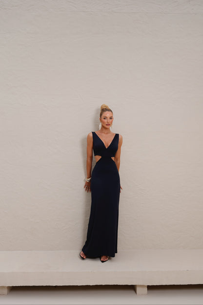 Vestido Longo em Poliamida com Recorte na Cintura Preto