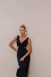 Vestido Longo em Poliamida com Recorte na Cintura Preto