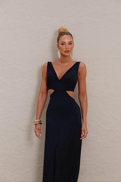 Vestido Longo em Poliamida com Recorte na Cintura Preto