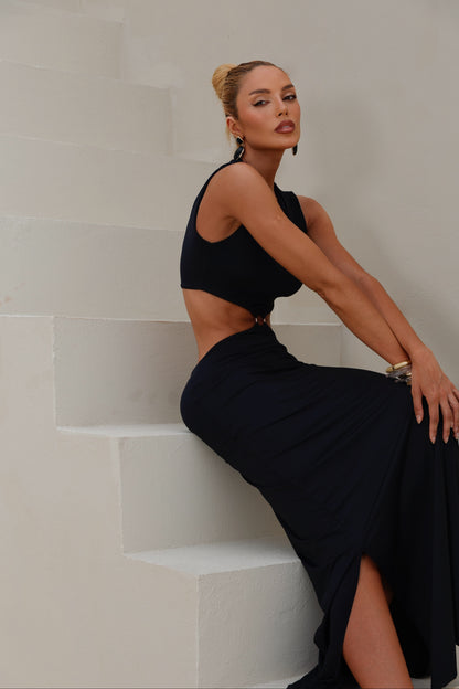 Vestido Longo em Poliamida com Detalhe em Metal Preto