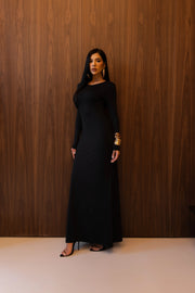 Vestido Longo Preto com Gola Redonda em Poliamida