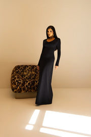 Vestido Longo Preto com Gola e Decote V em Poliamida