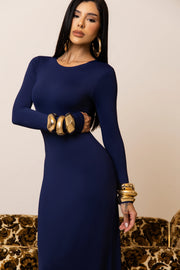 Vestido Longo Marinho com Gola Redonda em Poliamida