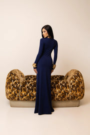 Vestido Longo Marinho com Gola Redonda em Poliamida