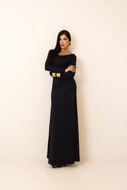 Vestido Longo Preto com Gola Redonda em Poliamida