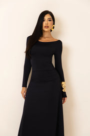 Vestido Longo Preto com Gola Redonda em Poliamida