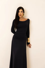Vestido Longo Preto com Gola Redonda em Poliamida
