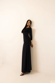 Vestido Longo Preto com Gola Redonda em Poliamida
