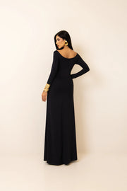 Vestido Longo Preto com Gola Redonda em Poliamida