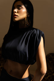 Conjunto Cropped Estruturado e Saia Longa – Preto