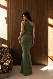 Conjunto Poliamida – Top Assimétrico + Saia Longa Militar
