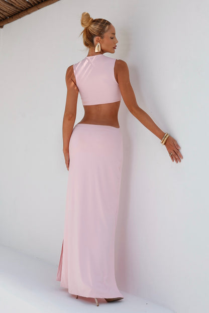 Vestido Longo em Poliamida com Detalhe em Metal Rosa