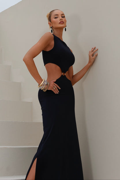 Vestido Longo em Poliamida com Detalhe em Metal Preto