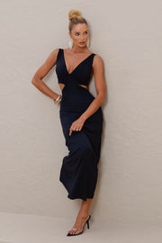 Vestido Longo em Poliamida com Recorte na Cintura Preto