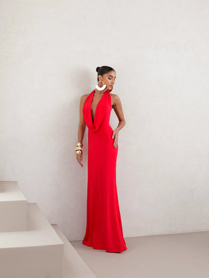 Vestido Longo em Poliamida Gola Degagê Vermelho