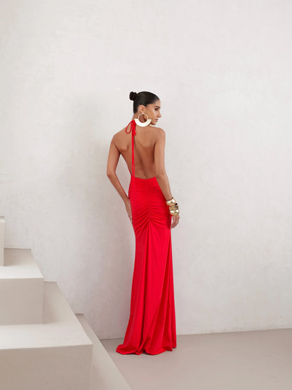 Vestido Longo em Poliamida Gola Degagê Vermelho