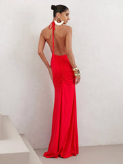 Vestido Longo em Poliamida Gola Degagê Vermelho