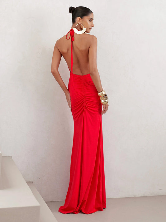 Vestido Longo em Poliamida Gola Degagê Vermelho