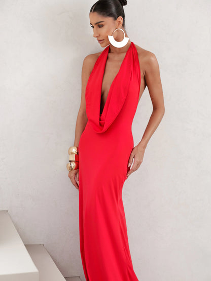 Vestido Longo em Poliamida Gola Degagê Vermelho